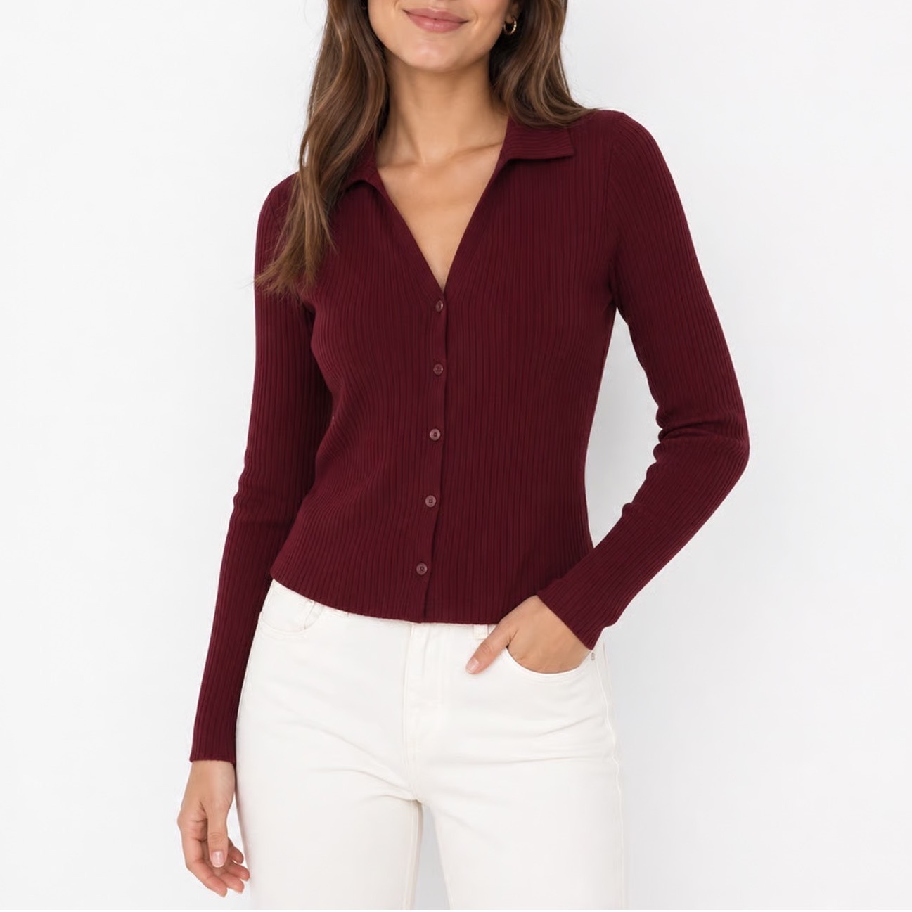 Old Navy Womens Ribbed Polo Cardigan Button Front Long Sleeve Burgundy Large